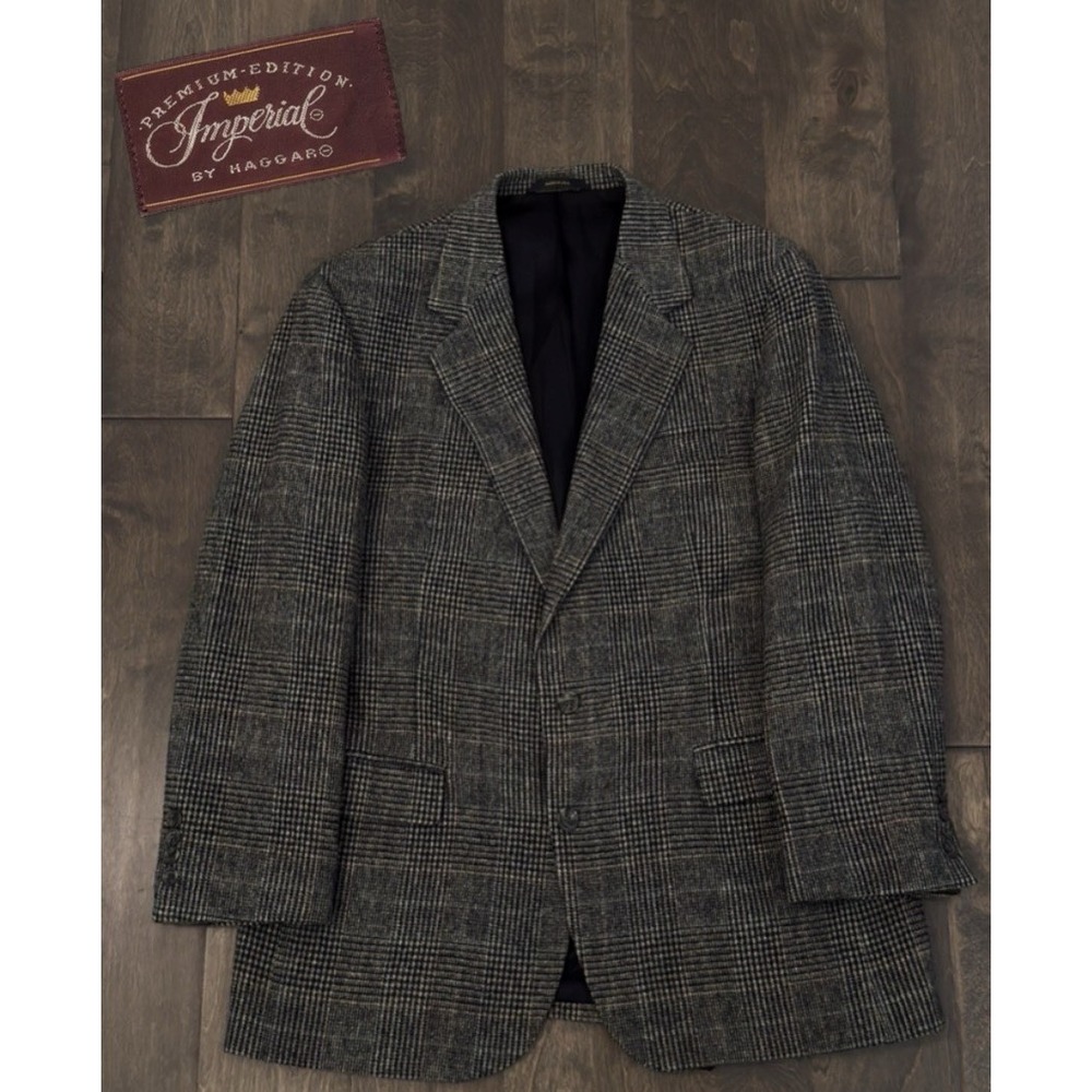 Vintage Haggar Imperial Mens Wool Glen Plaid Blazer Jacket Size 42R Made In USA